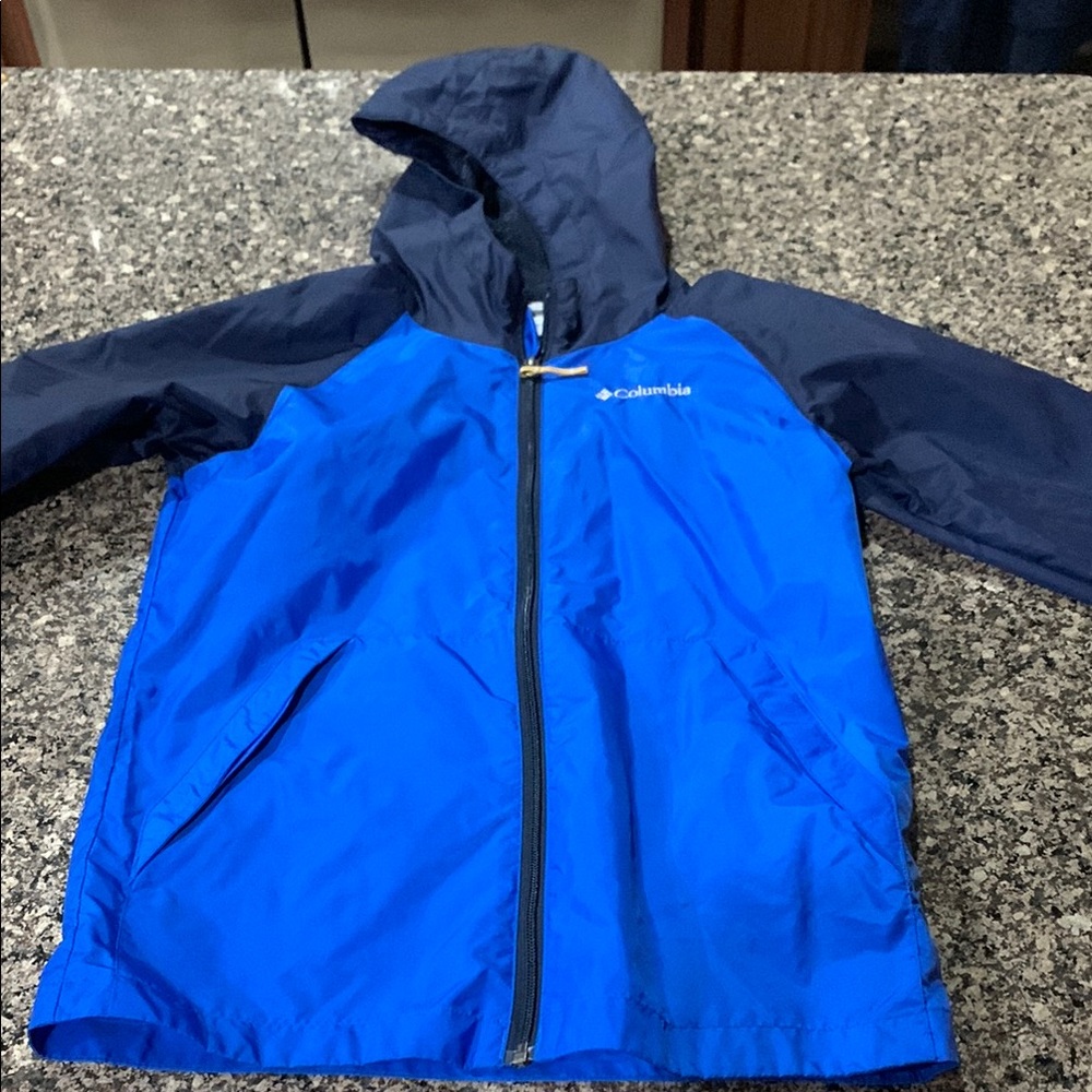 Columbia Blue Raincoat with Hood and Water-Resistant Fabric